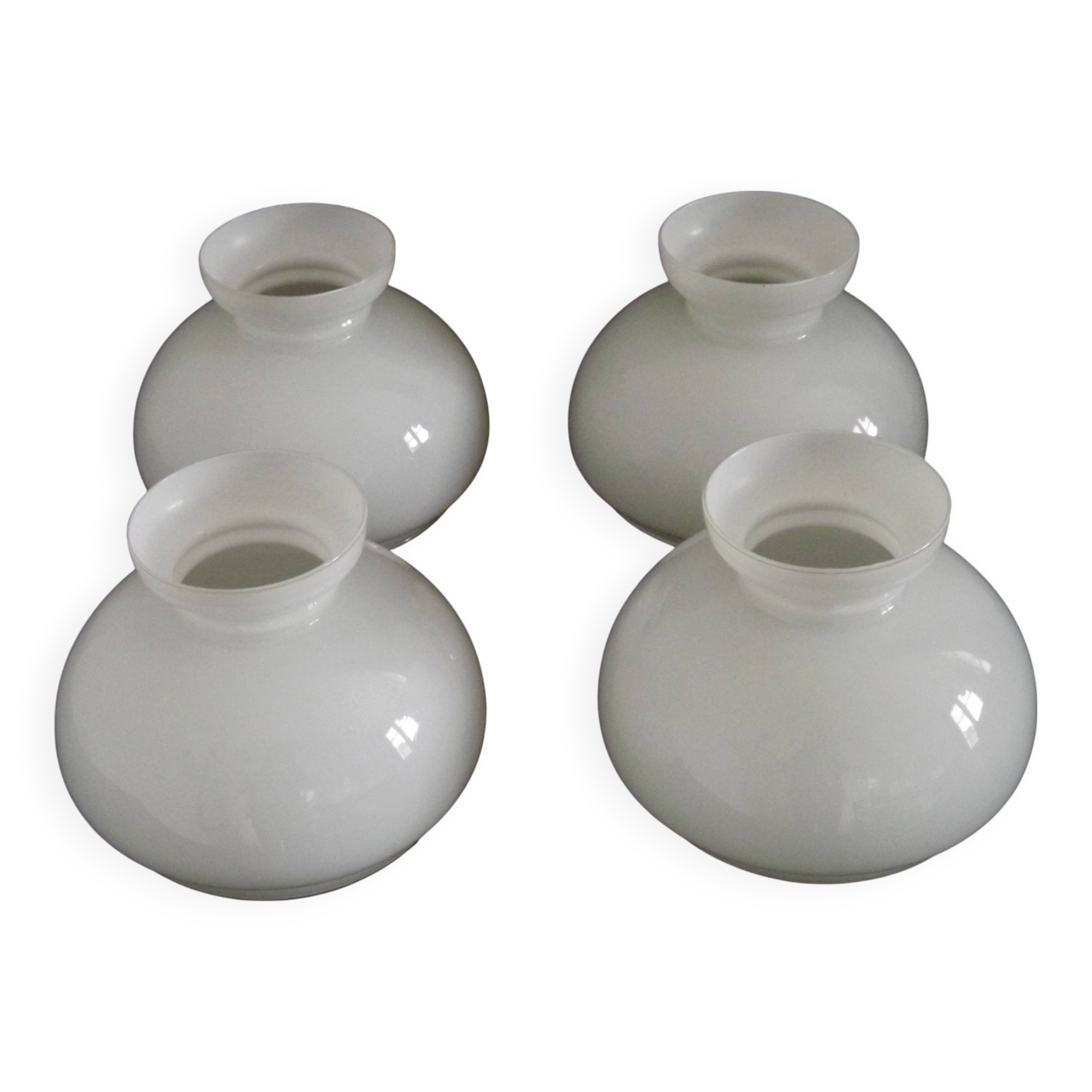 French vintage set of 4 white opaline glass lantern-style replacement shades.