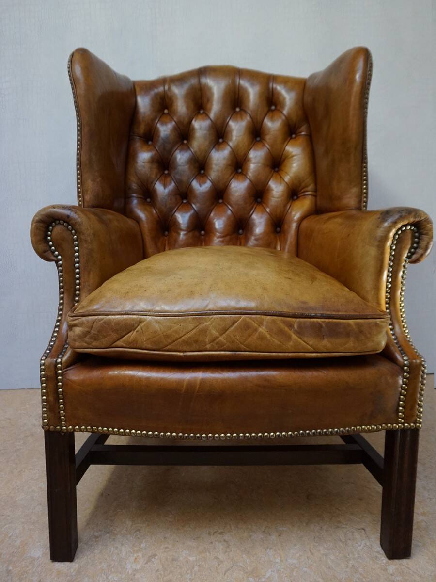 Vintage Cognac Leather Wingback Chesterfield Armchair, England 1940s