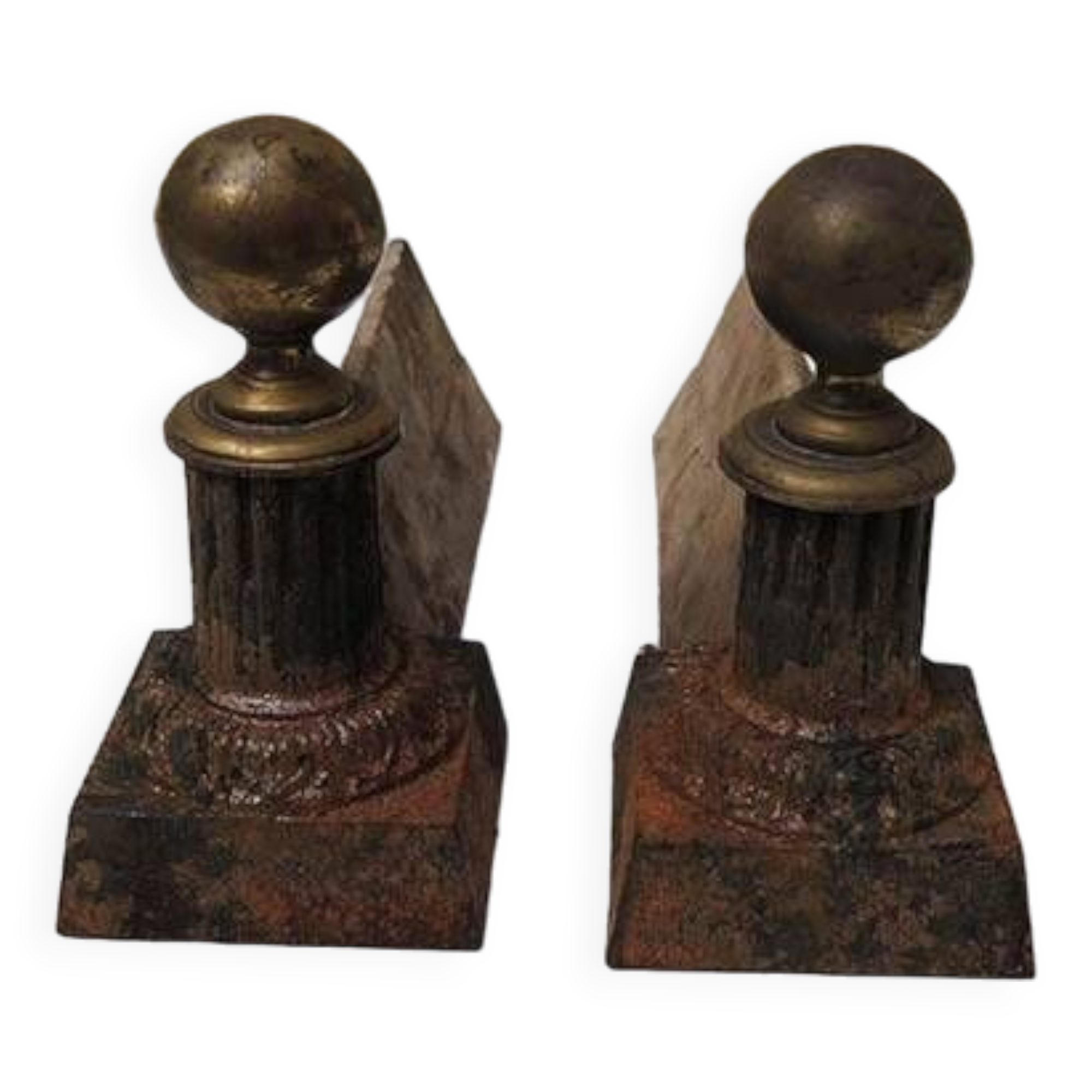 Old Neoclassical Cast Iron Andirons: Ball on Column