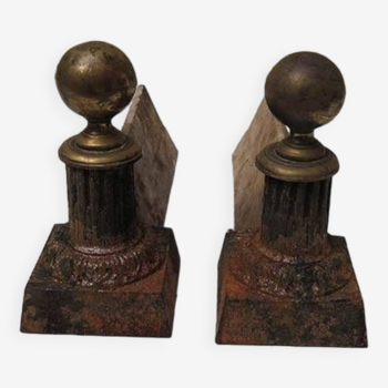 Old Neoclassical Cast Iron Andirons: Ball on Column