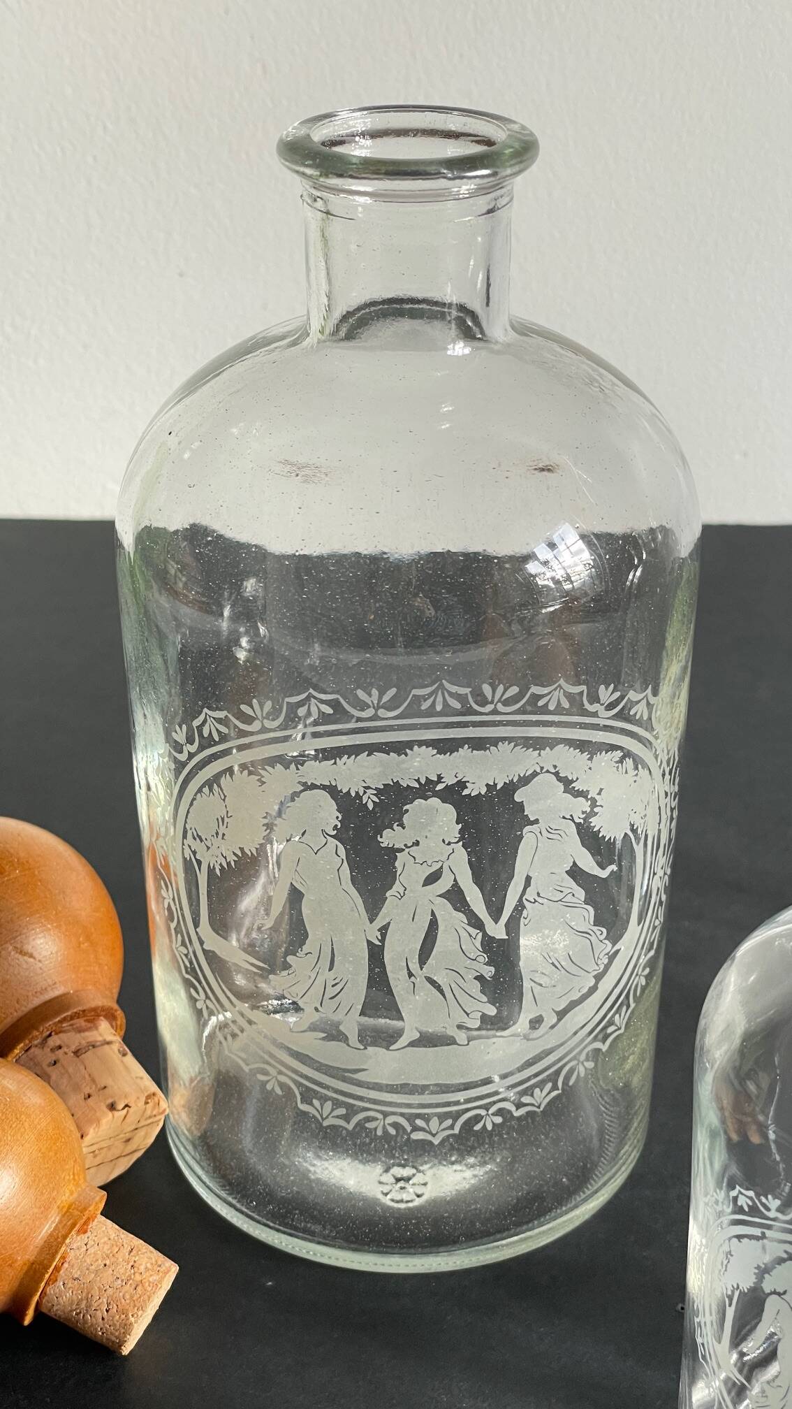 BOTTLES Engraved Glass and VINTAGE Wood