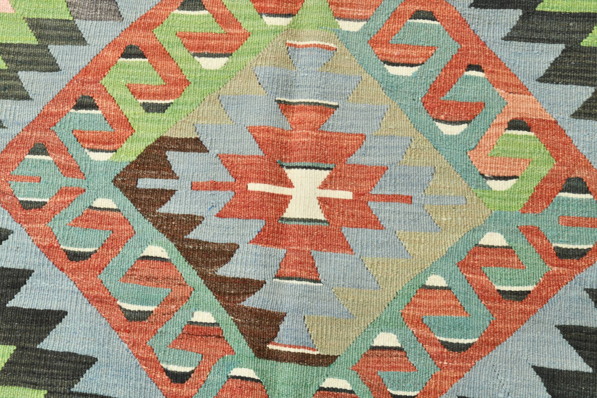 6x10 Light Blue & Green Goemetric Kilim Rug, Handmade Wool Bedroom Carpet