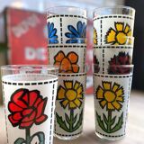 Set of 7 vintage enameled and screen-printed glasses 60/70