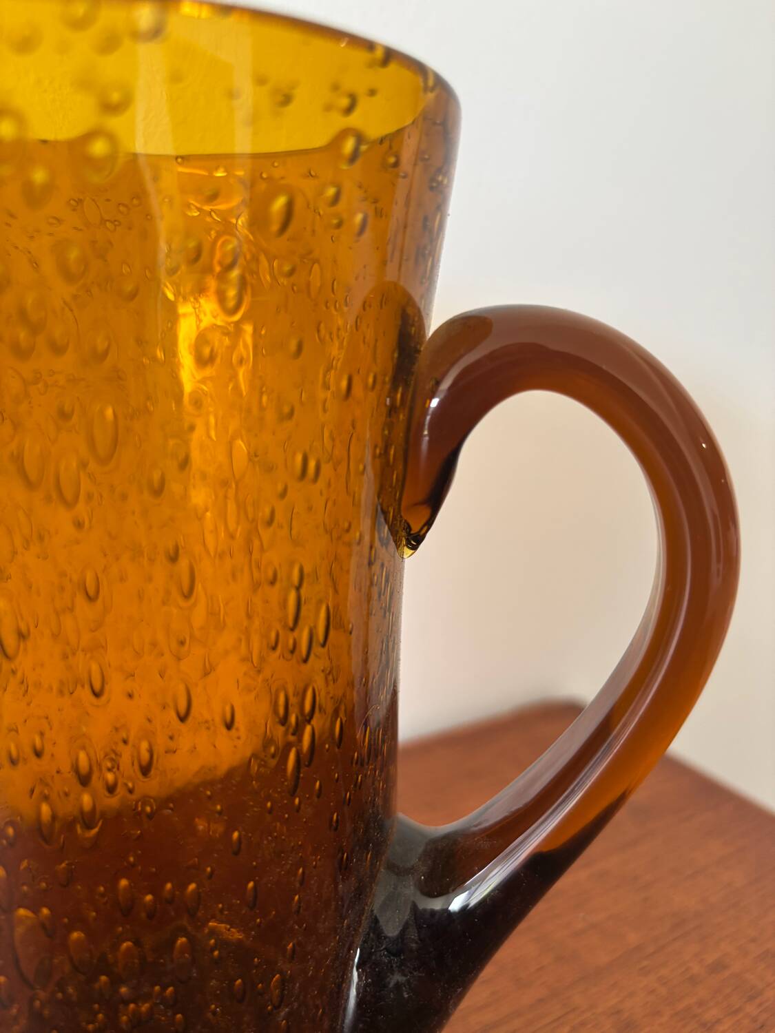 Amber bubble glass carafe signed Biot – mouth-blown – vintage fr