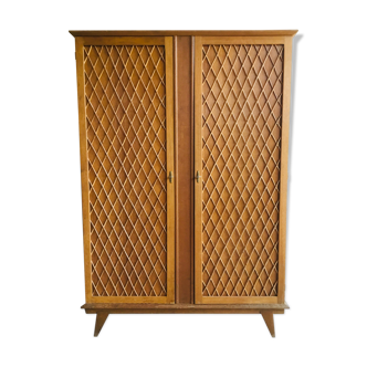 Vintage rattan and light oak wardrobe 1960