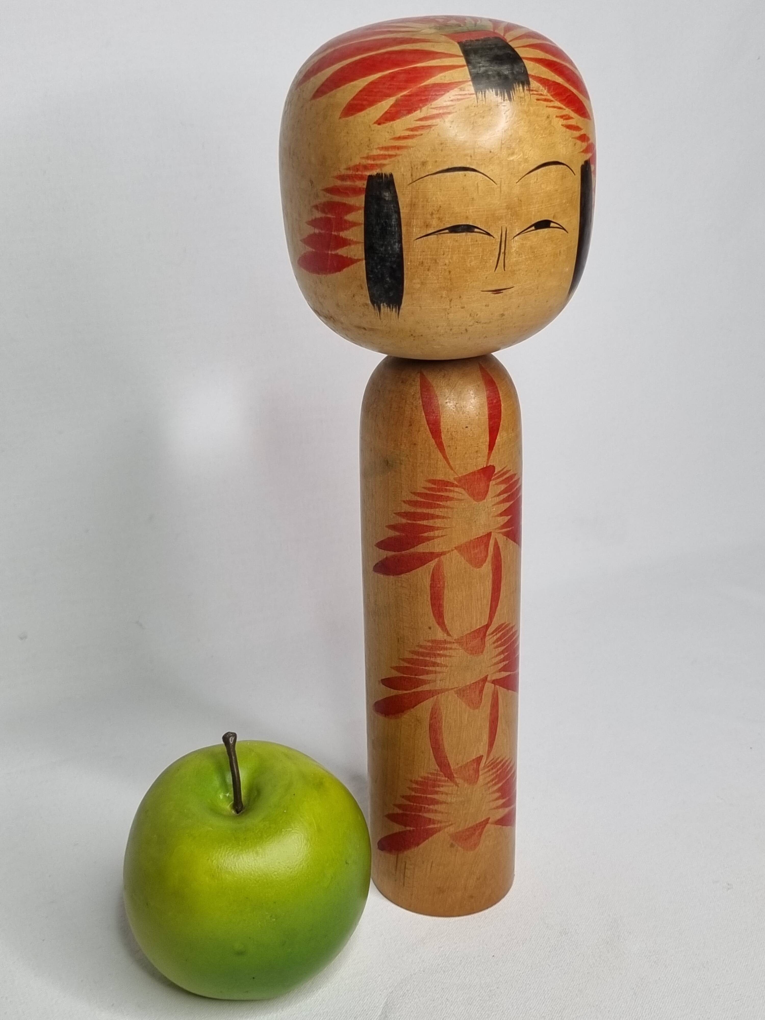 Vintage Signed Japanese Kokeshi Doll, Hand Painted Red Floral Decor, 32cm