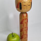 Vintage Signed Japanese Kokeshi Doll, Hand Painted Red Floral Decor, 32cm