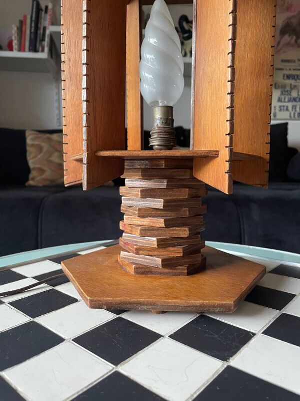 Lampe moderniste en bois - création d'ébénisterie artisanale années 70