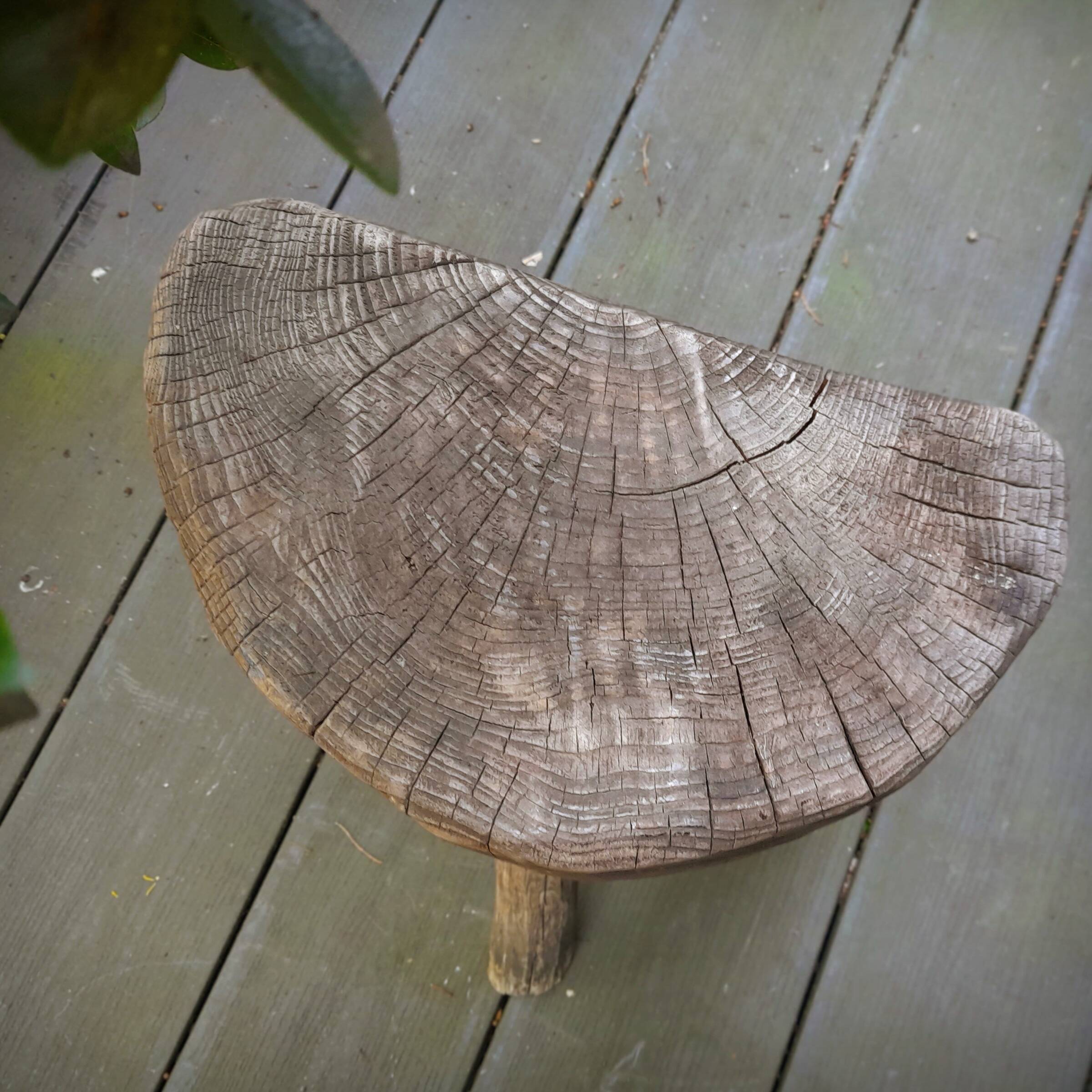 Brutalist tripod stool in grayed pine. France, 1950s