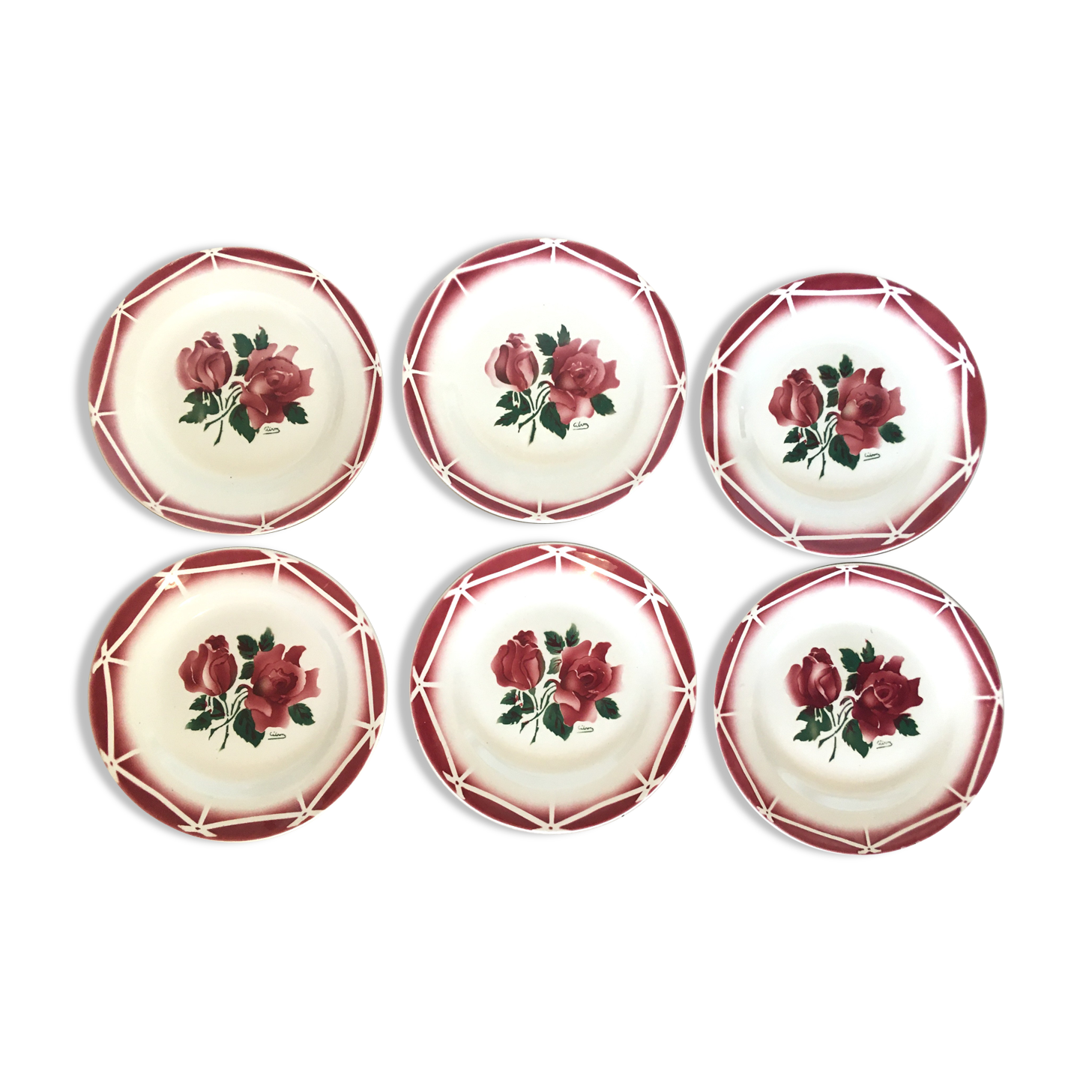 Set of 6 dessert plates Digoin Sarreguemines cibon pink vintage old