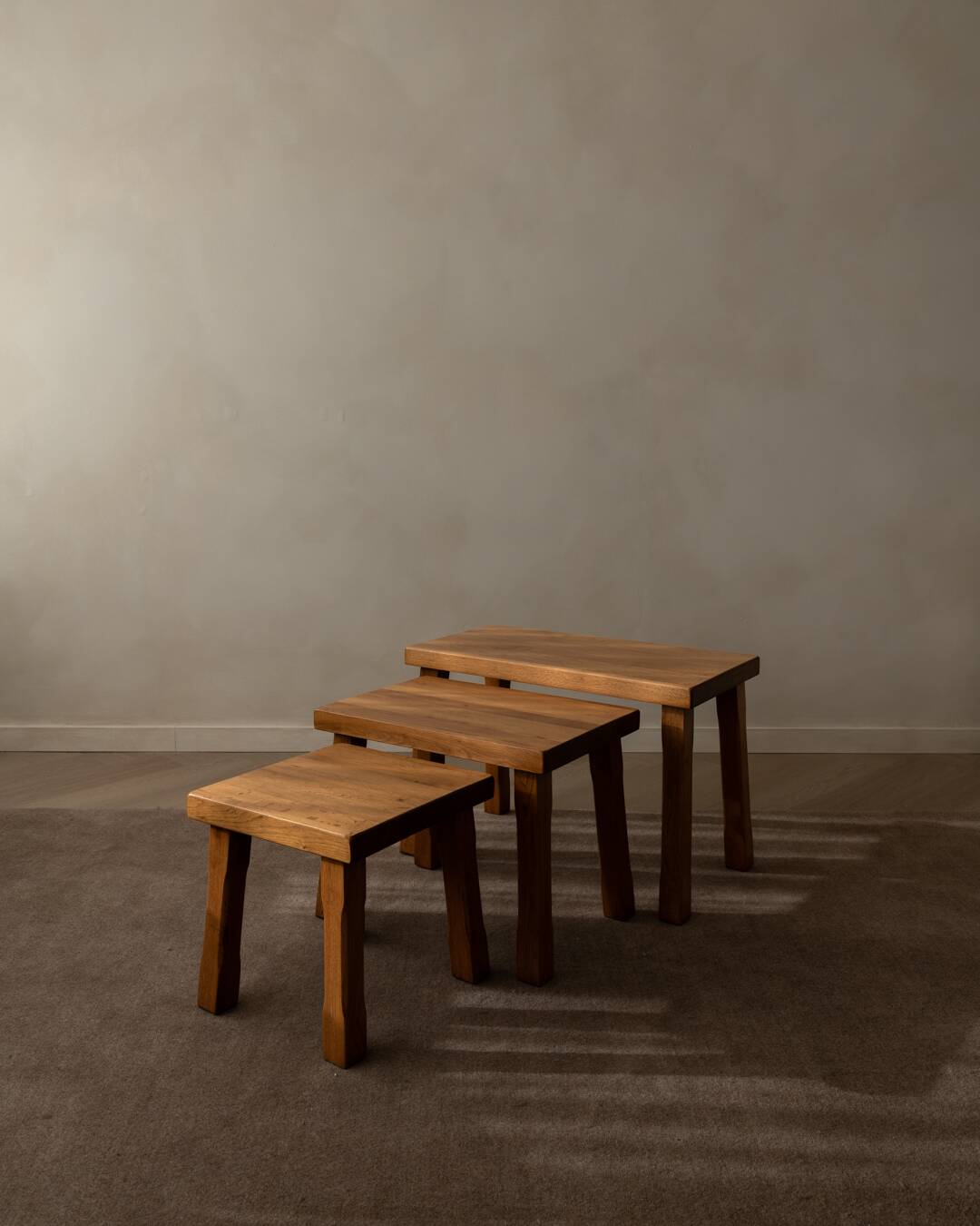 Brutalist Solid Oak Nesting Tables (Set of 3) – Dutch 1970s