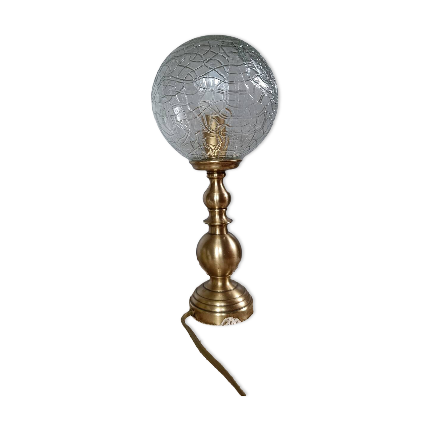 Lampe de table laiton vintage, globe rond verre texturé