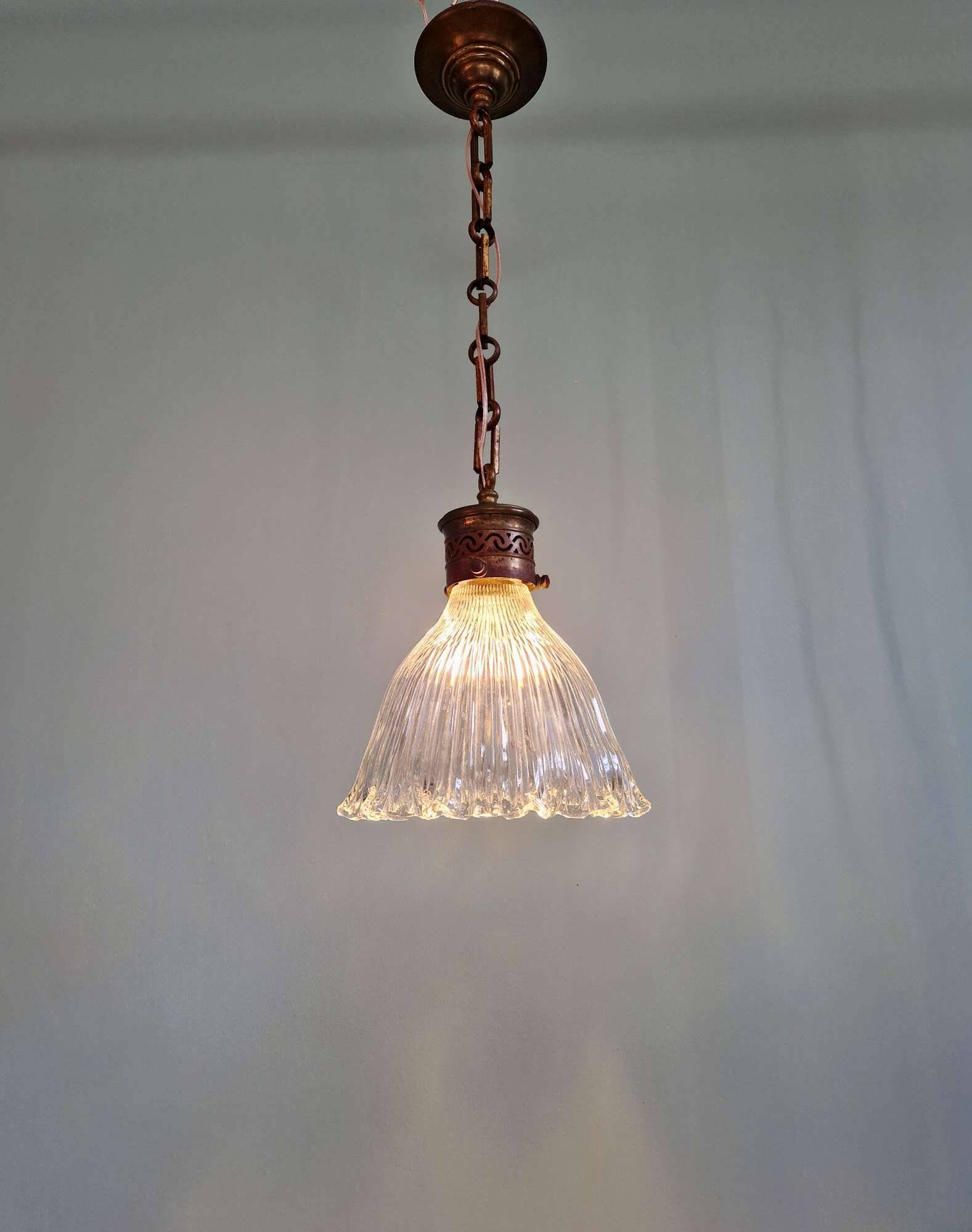 Art Deco Holophane pendant light in clear grooved glass, 1920-30