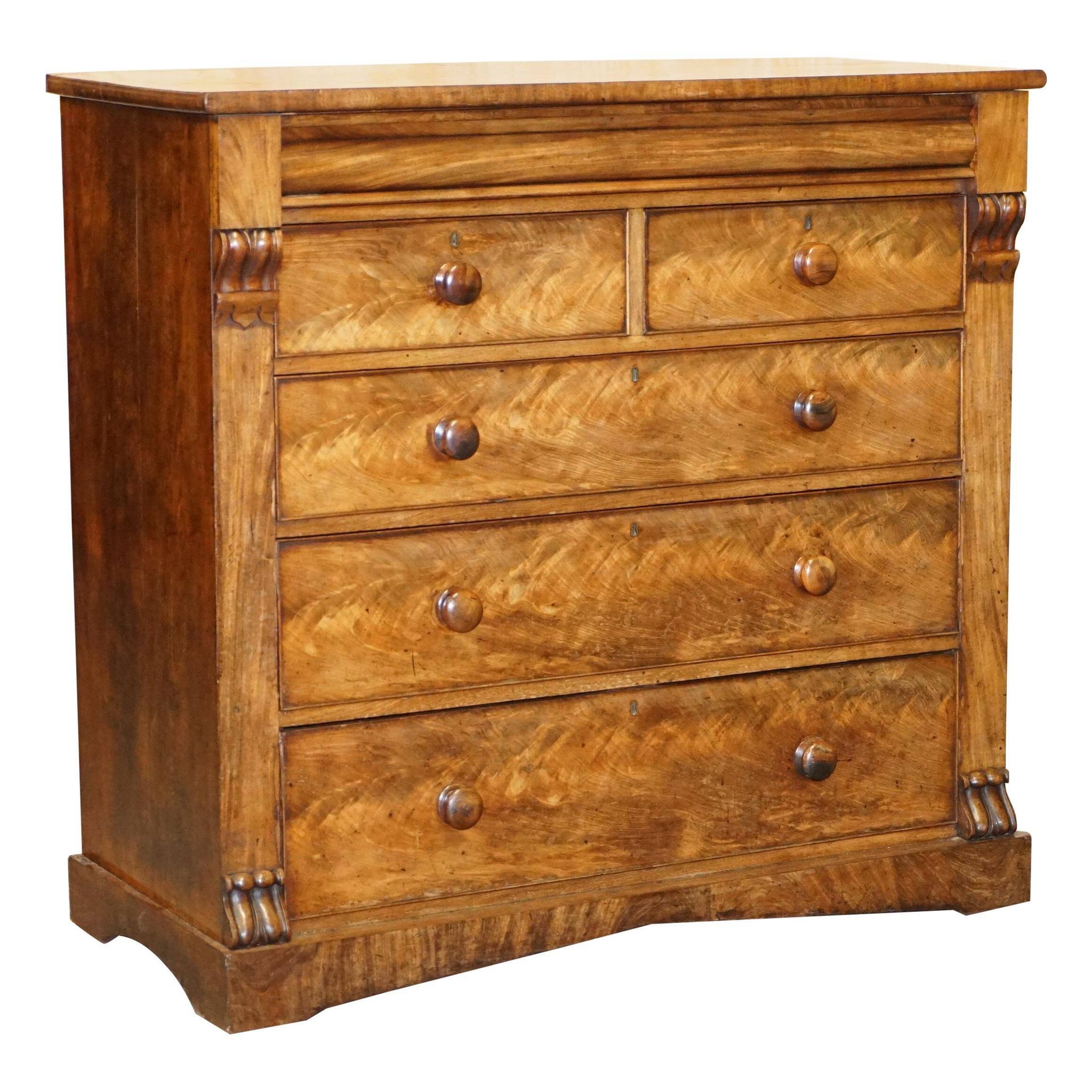 Commode en bois dur flammé victorien XIXe siècle avec tiroir caché
