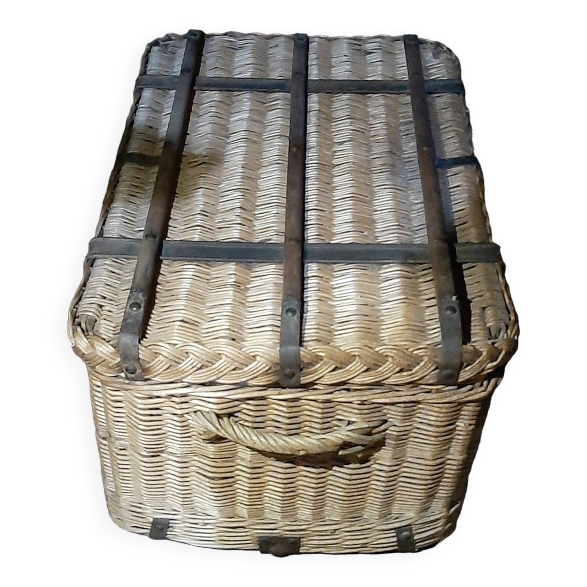 OLD WICKER STEEL AND WOOD TRAVEL TRUNK