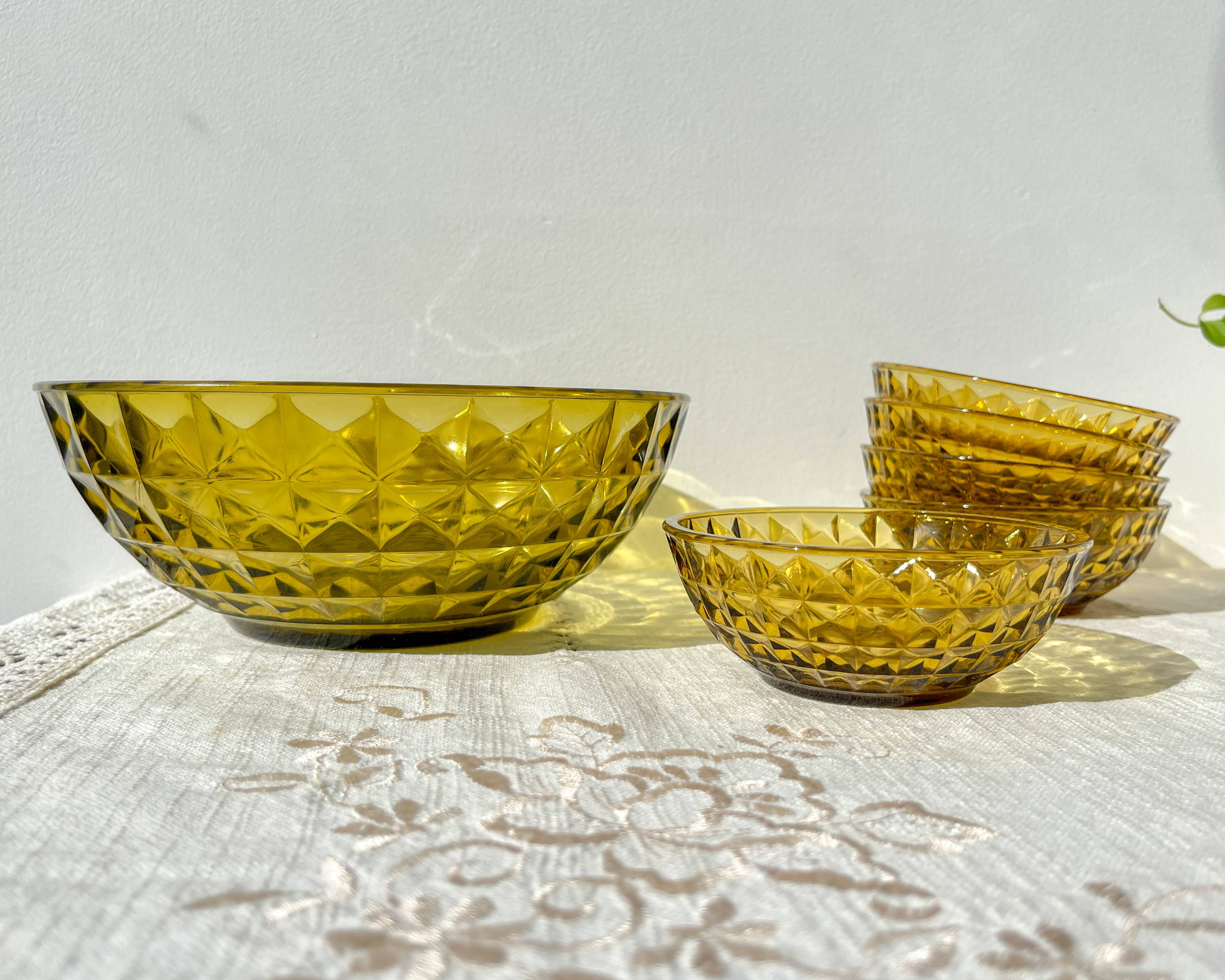 Vintage Amber Glass Dessert Set - 1 Salad Bowl + 5 Matching Bowls