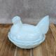 Hen on white opaline glass basket – marked Sv