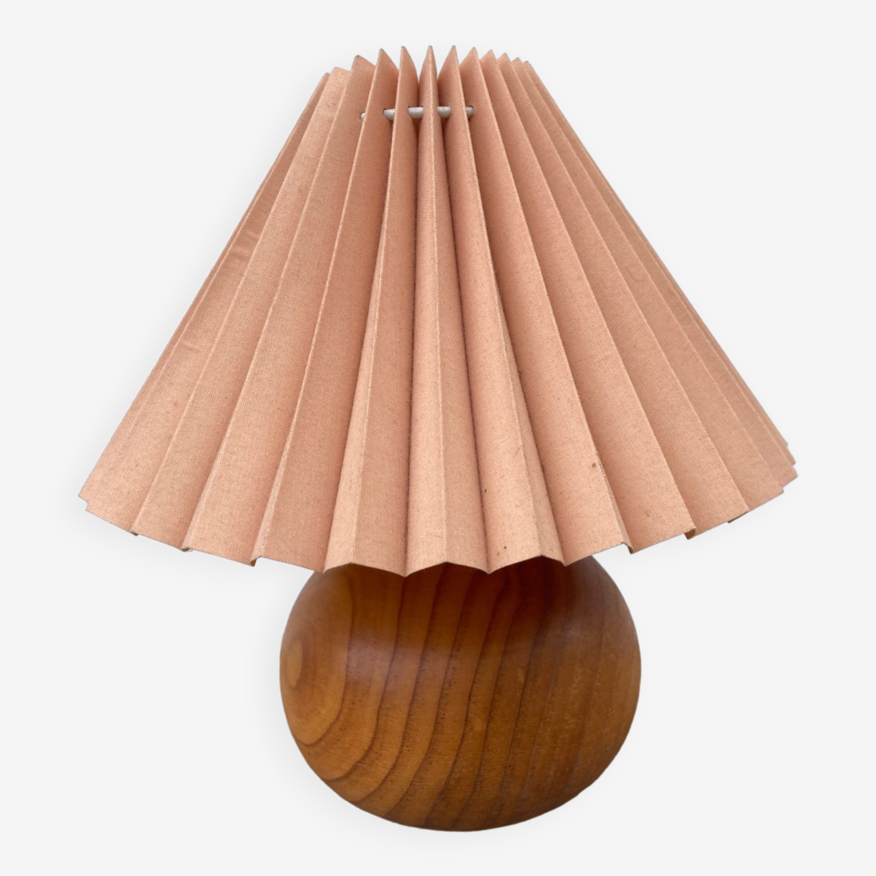 Lampe boule bois 1980 abat jour plissé couleur peau / luminaire de chevet  vintage | Selency