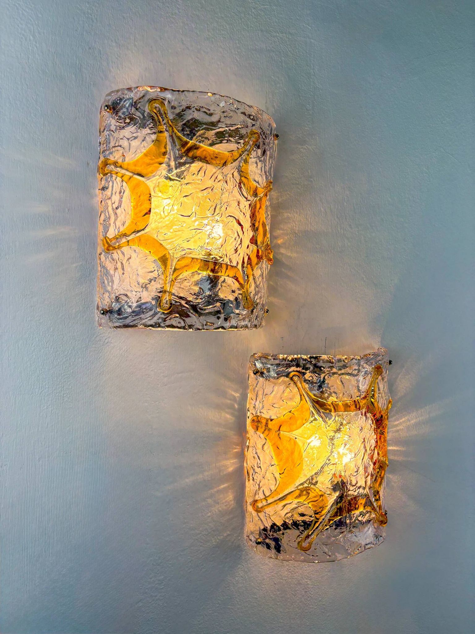 Pair of Mazzega Murano wall lights, orange frosted textured glass, Italy, 1970s