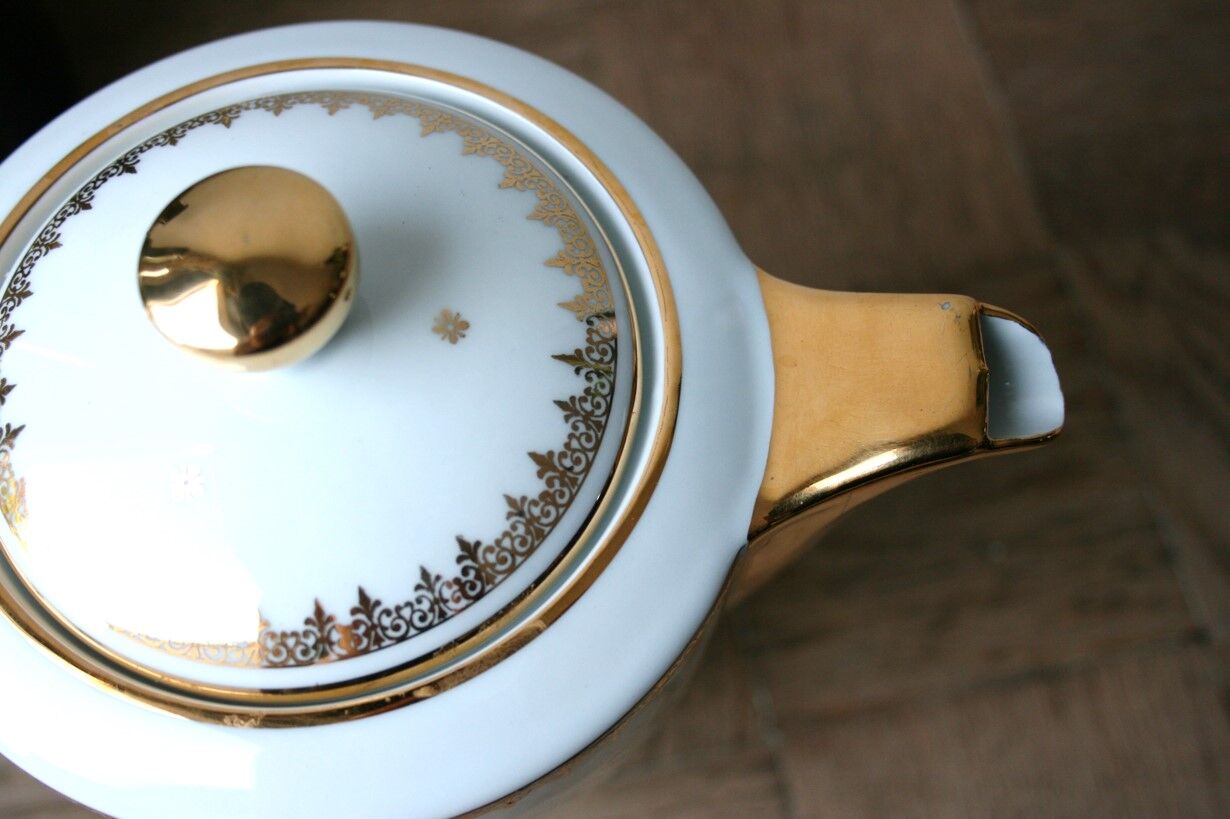 White and gold Limoges porcelain teapot