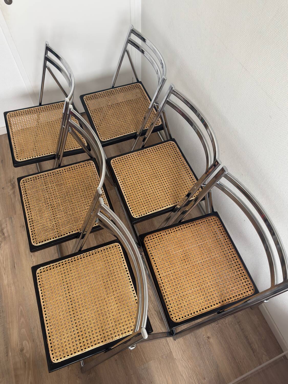 Set of 6 Italian chairs in chrome and cane.