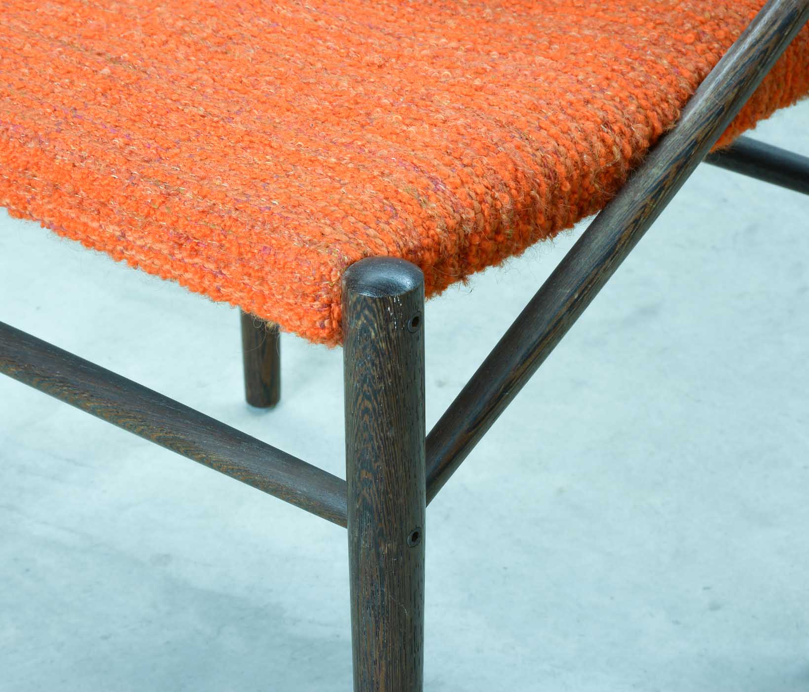 4 Wengé Wooden Dining Chairs with Orange Bouclé Fabric Upholstery 1960s