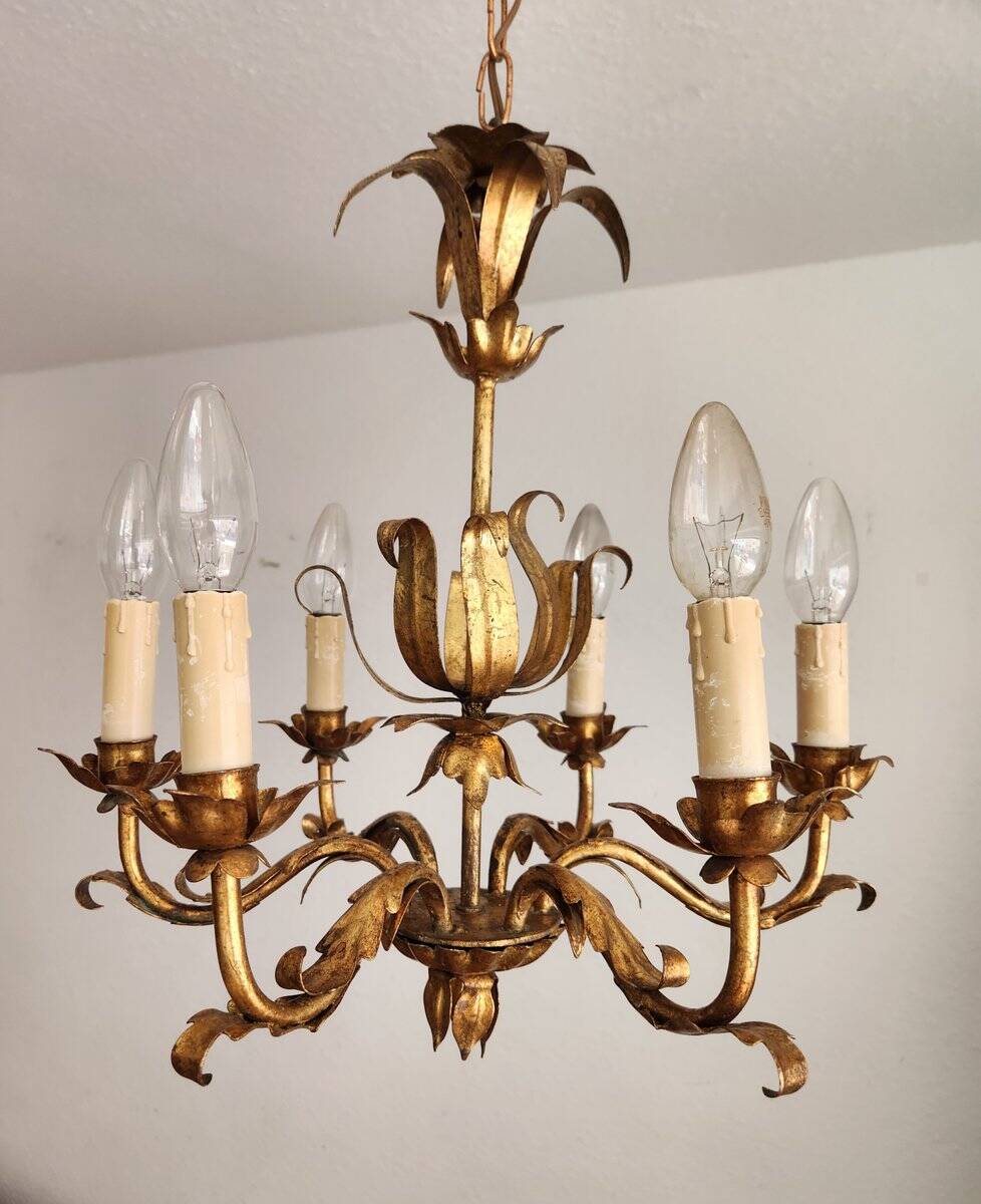 Vintage Hollywood Regency 6 light Chandelier gilded Italy Florence 1950-60