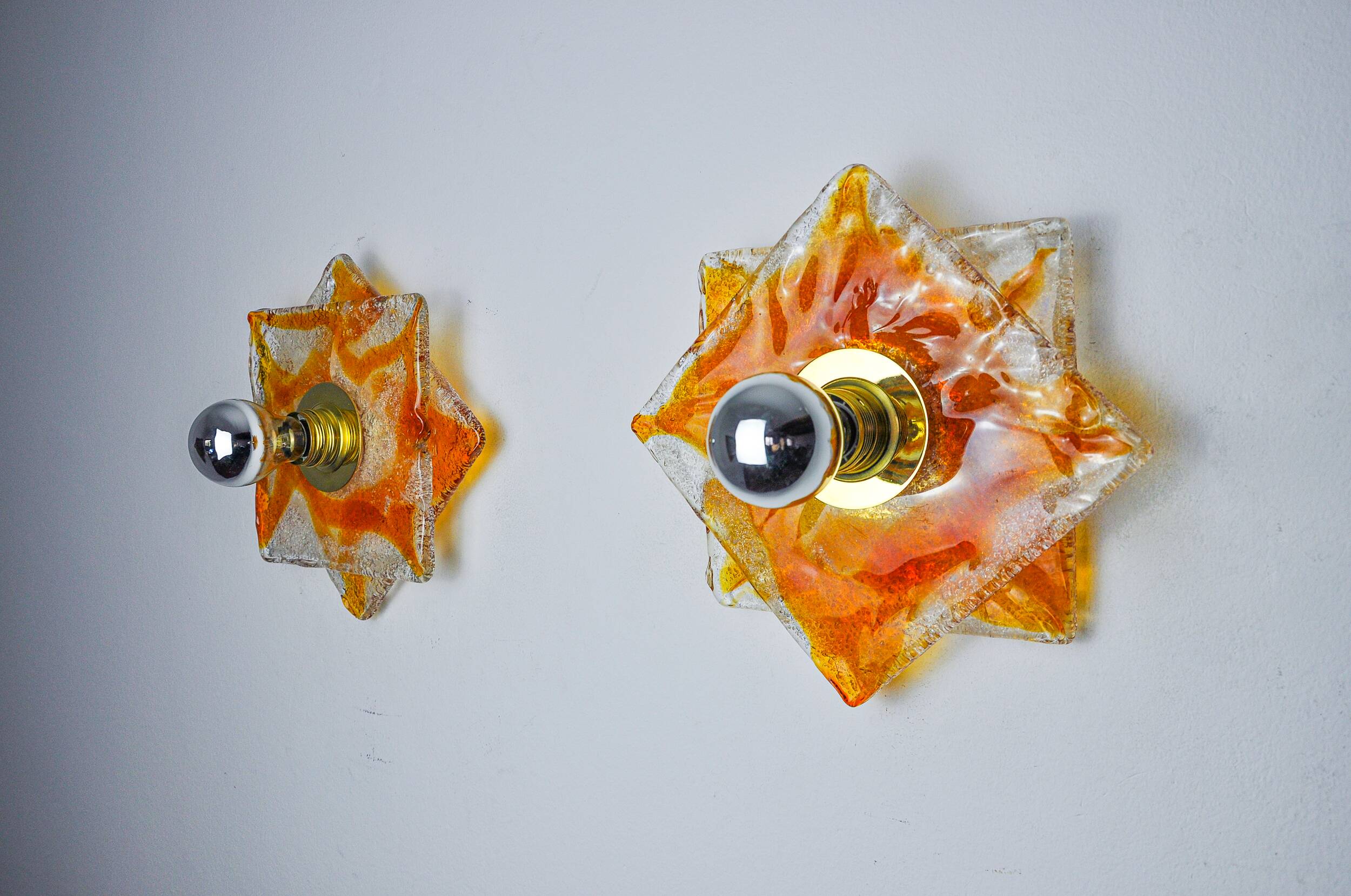 Pair of Murano Mazzega wall lights, orange frosted glass, Italy, 1970