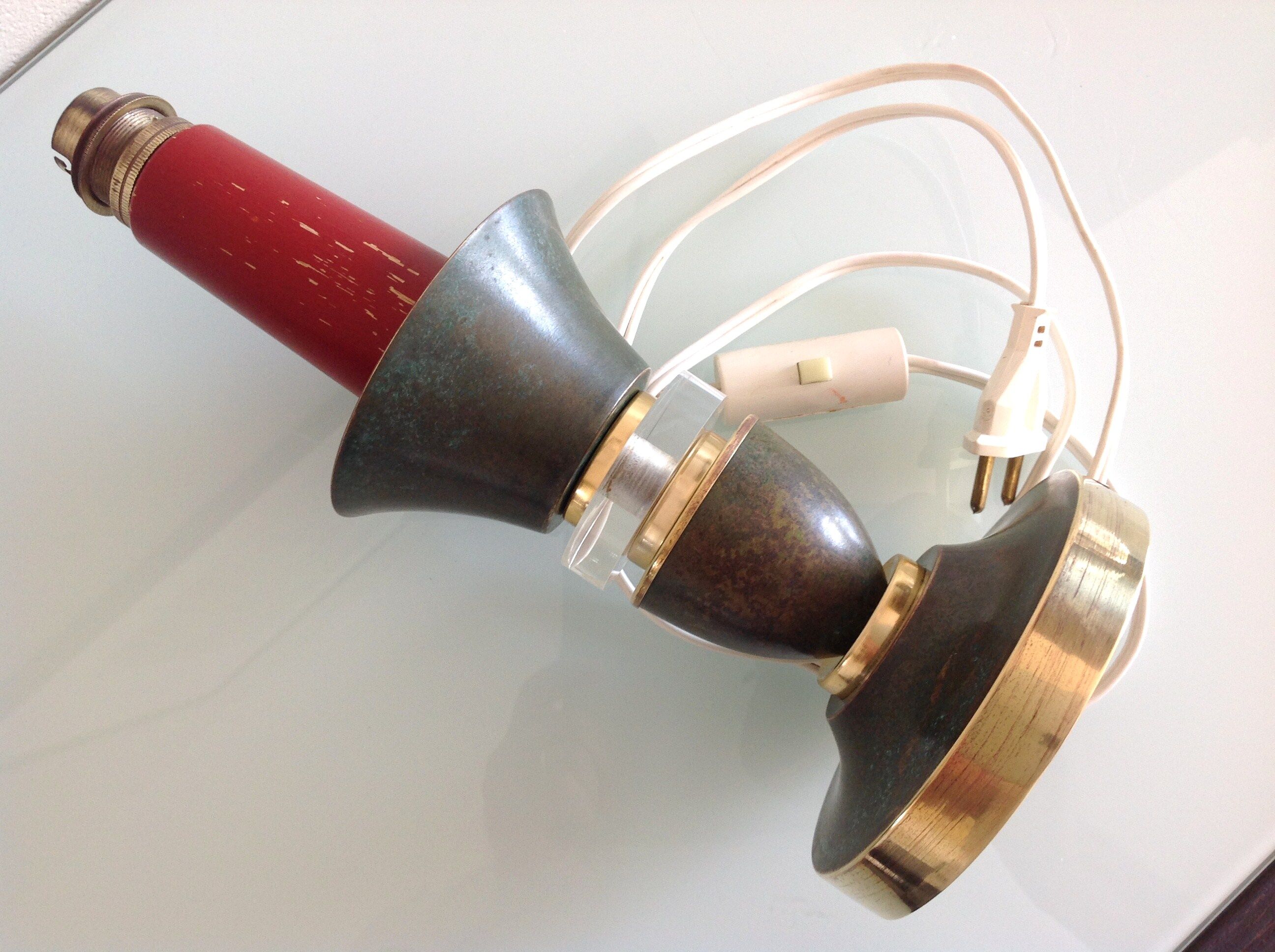 Brass lamp foot and art deco style wood