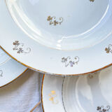 4 white porcelain L'Amandinoise soup plates with gold floral pattern