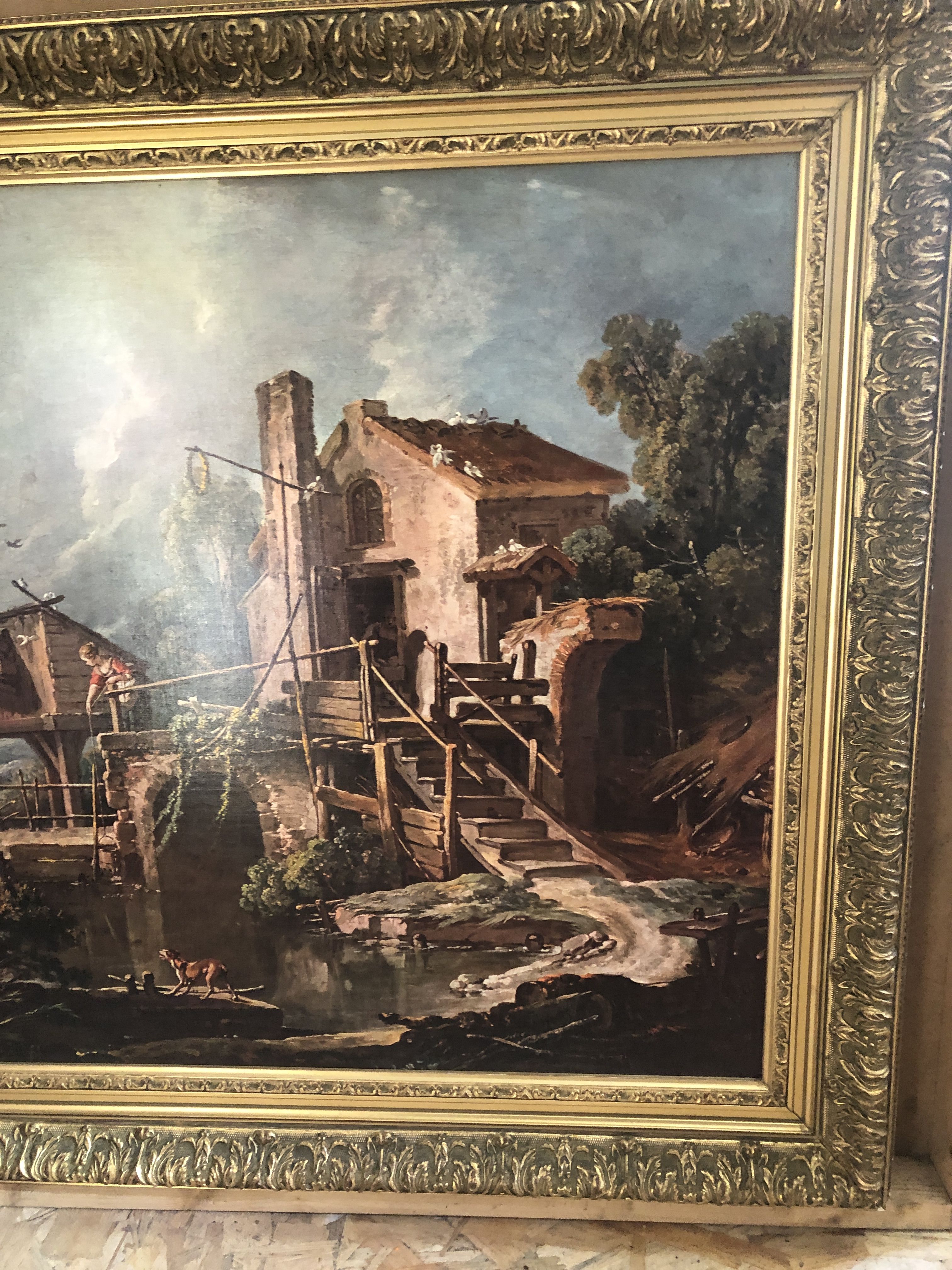 Old painting print on canvas + frame carved wood Gilded Vintage