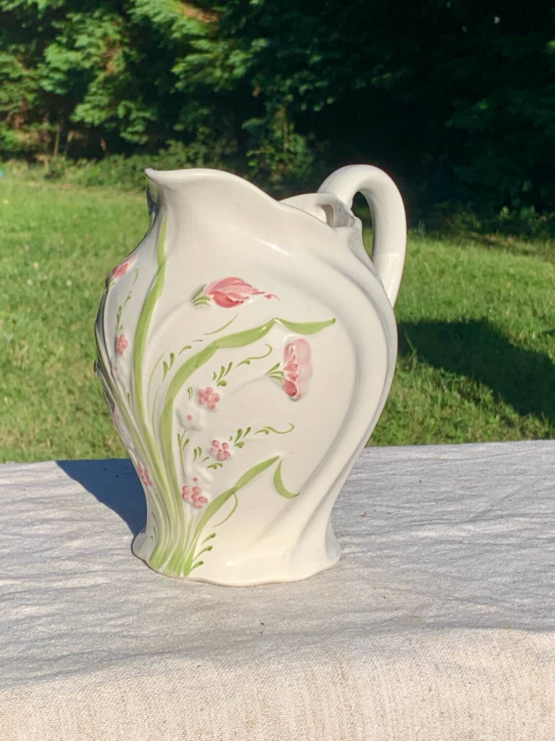 Vintage pink flower slip pitcher