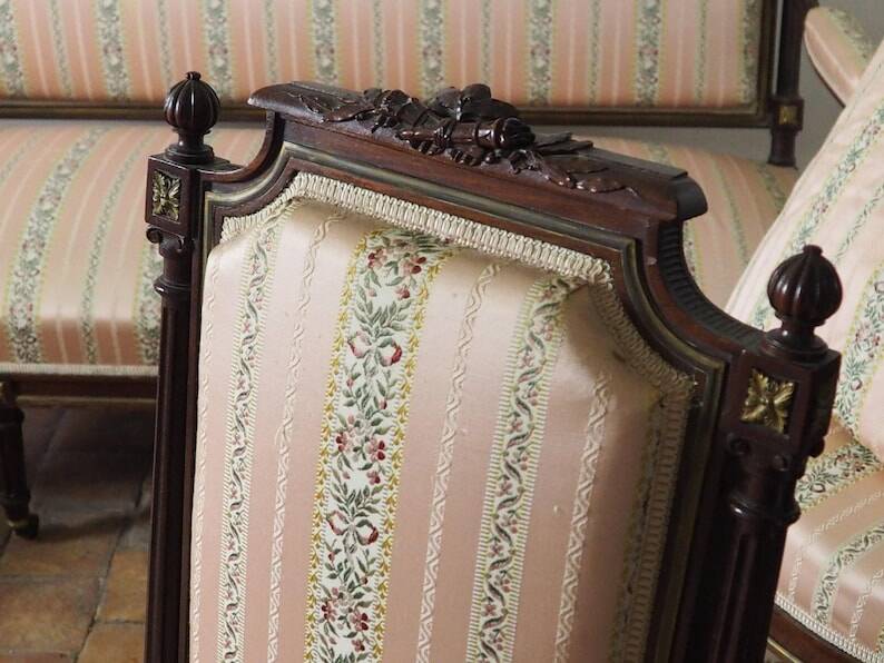 Antique French Empire Style Sofa and Chairs: Pink Satin Furniture Set