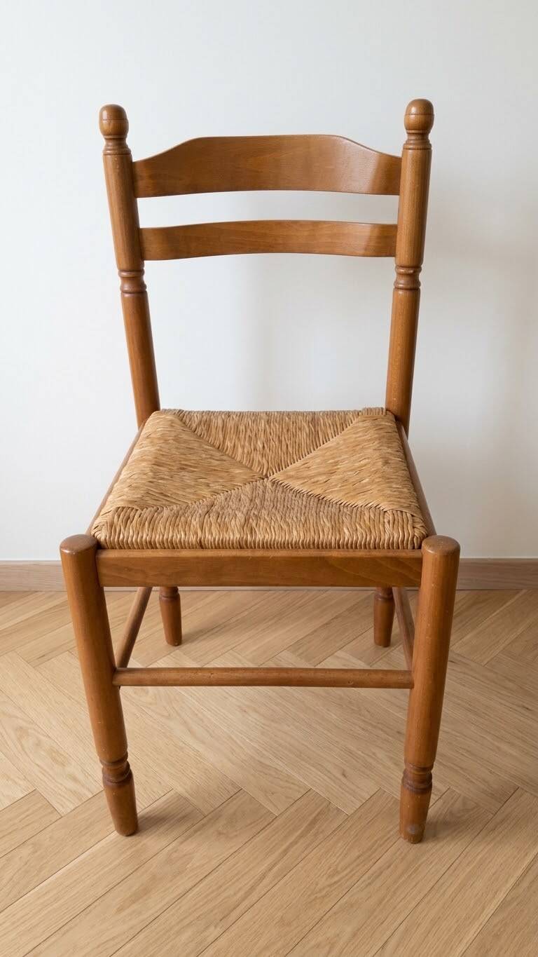 Set of 8 vintage wooden chairs with rush seats.