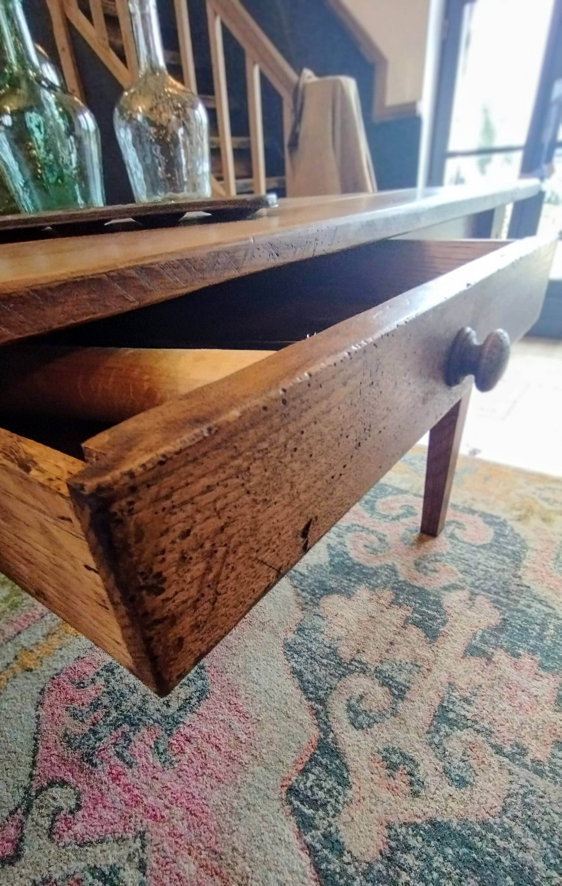 XXL solid oak farmhouse table 260x100 patinated two drawers