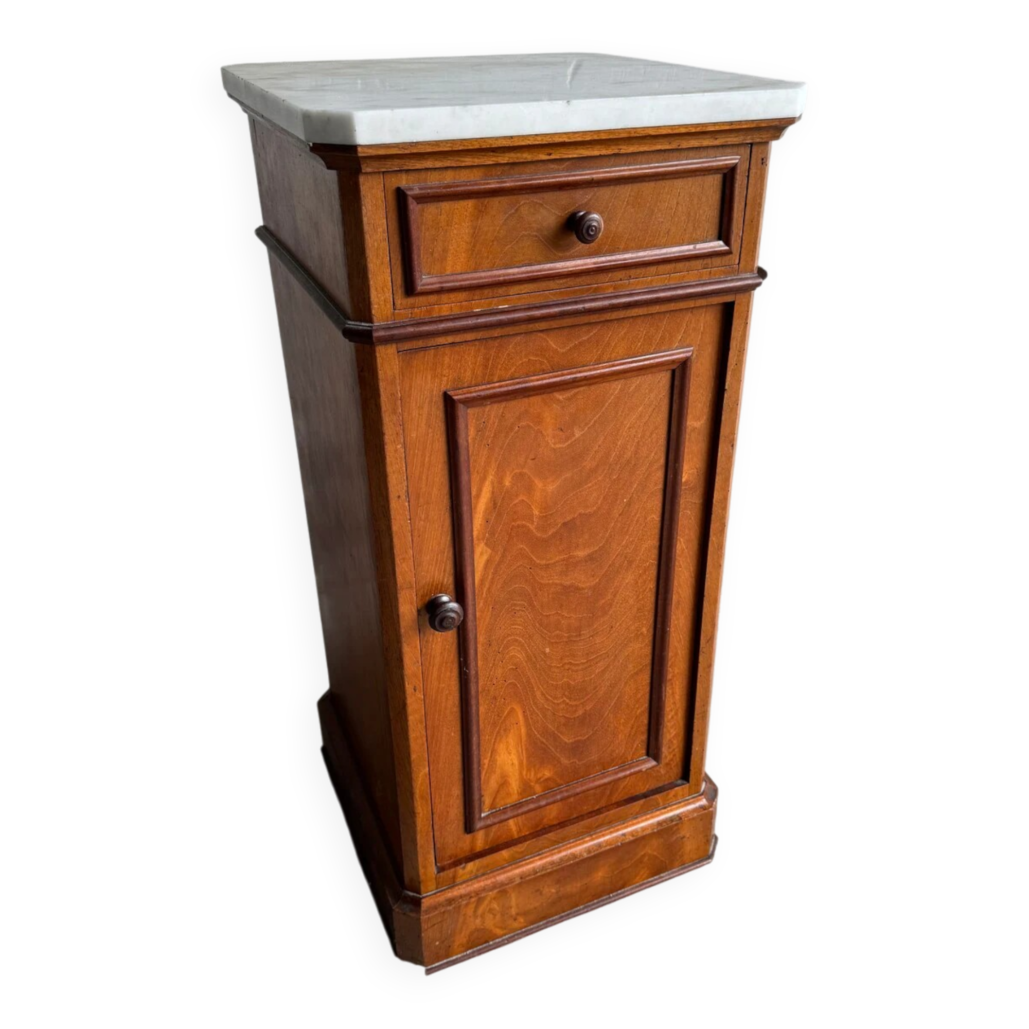 Vintage cabinet with white marble top and wooden body, drawer and door on wheels