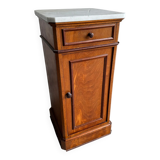 Vintage cabinet with white marble top and wooden body, drawer and door on wheels