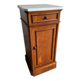 Meuble vintage avec plateau en marbre blanc et structure en bois, tiroir et porte sur roulettes