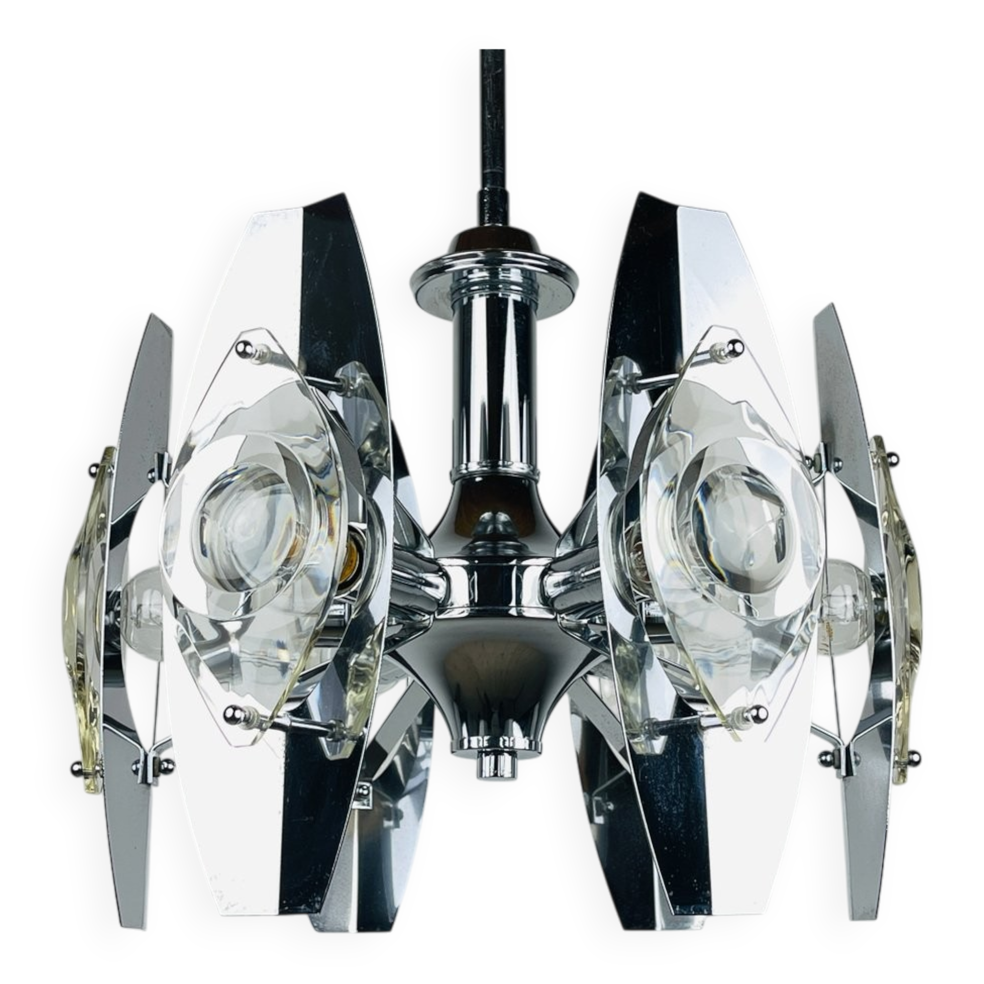 Chrome and glass lustre with lenses by Oscar Torlasco, Italy, 1960s.