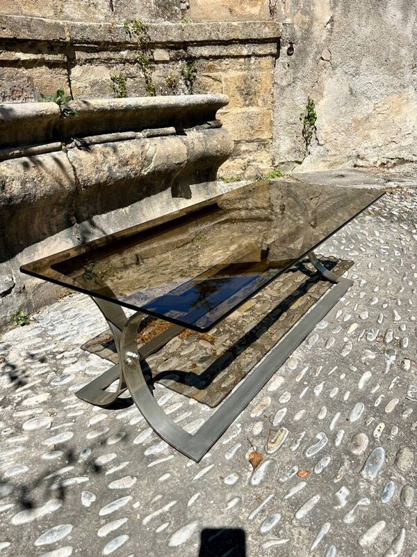 Table basse en métal chromé et verre fumé, 1970