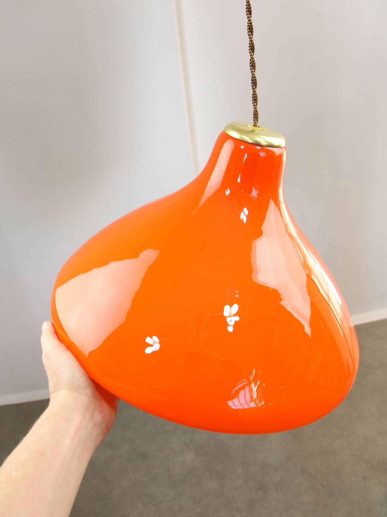 Mid-Century Italian Orange Glass and Brass Pendant Lamp