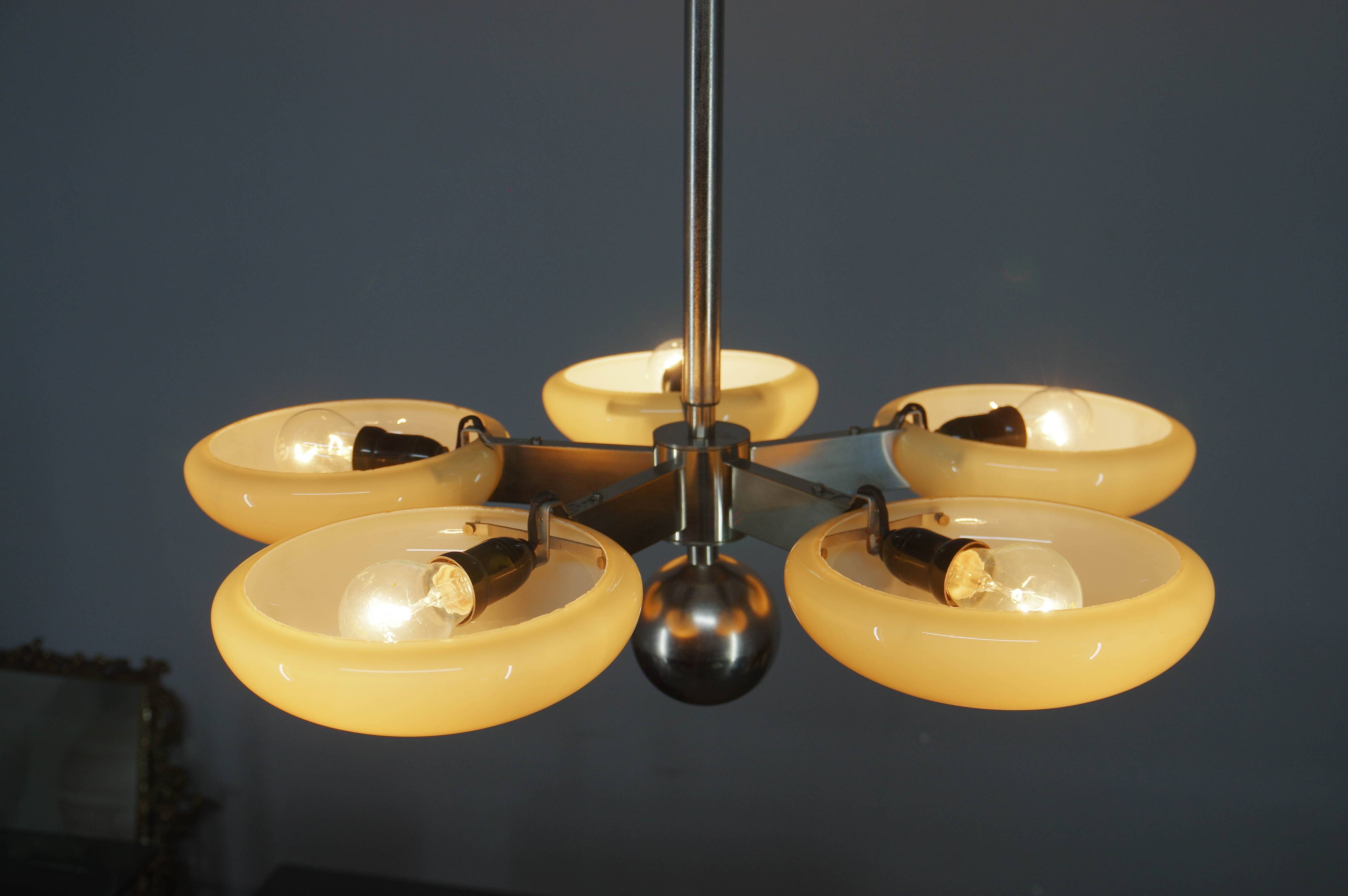 Exceptional Art Deco Functionalist Nickel-Plated Chandelier, 1930s