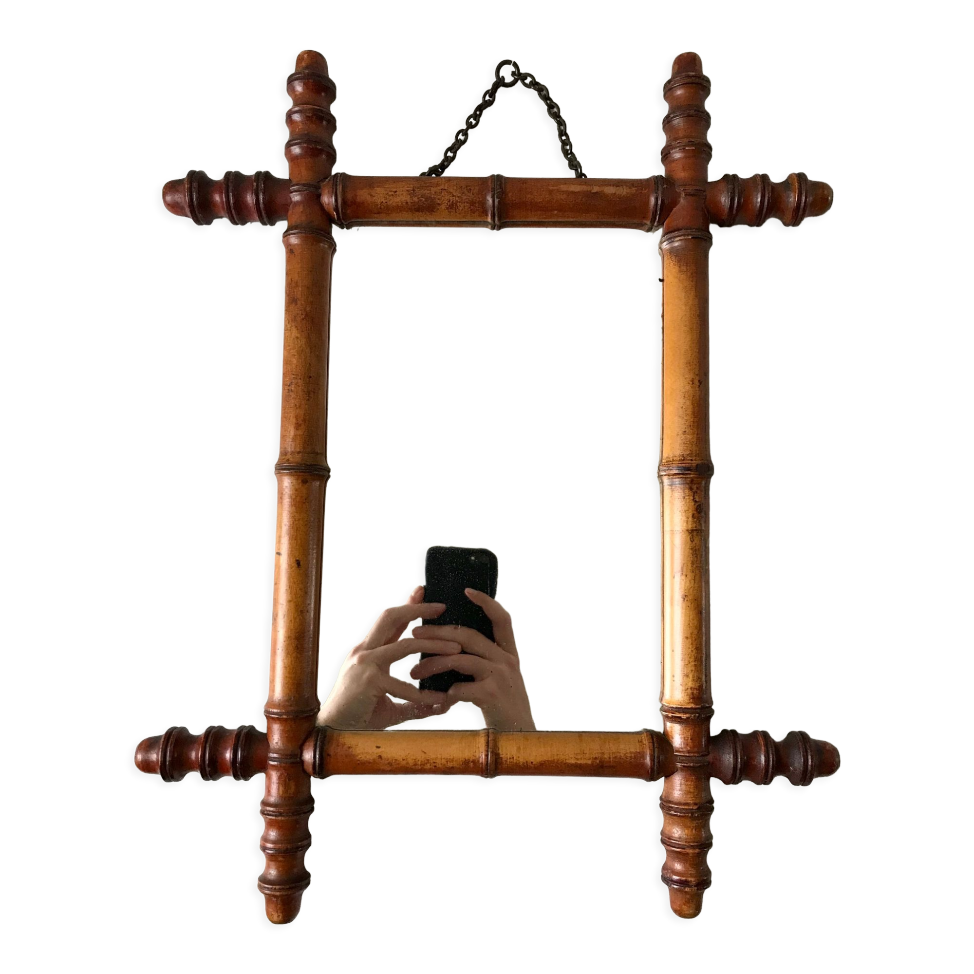 Old barber mirror in solid wood bamboo effect 30-40s