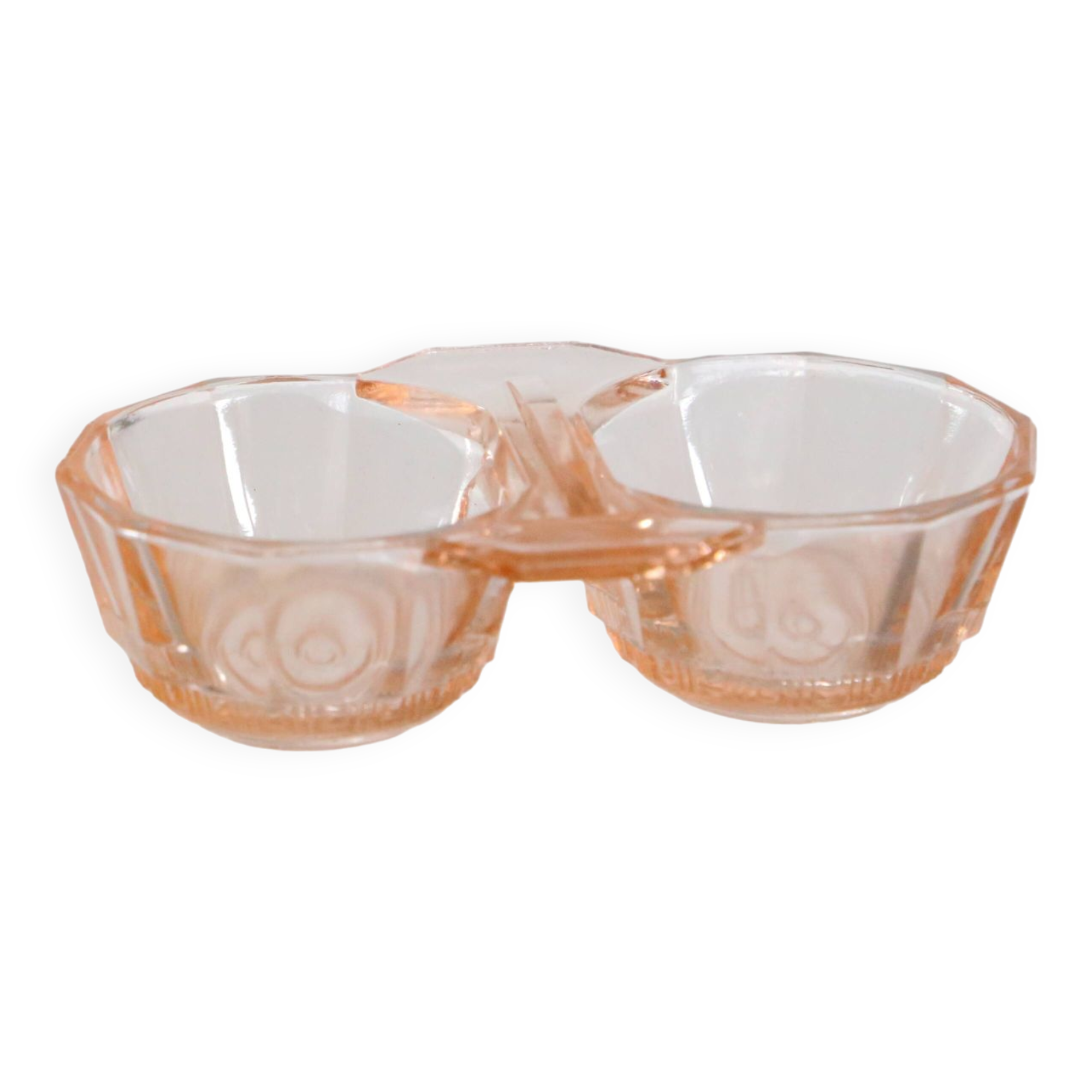Salt and Pepper Set in pink glass, molded glass, vintage French, authentic