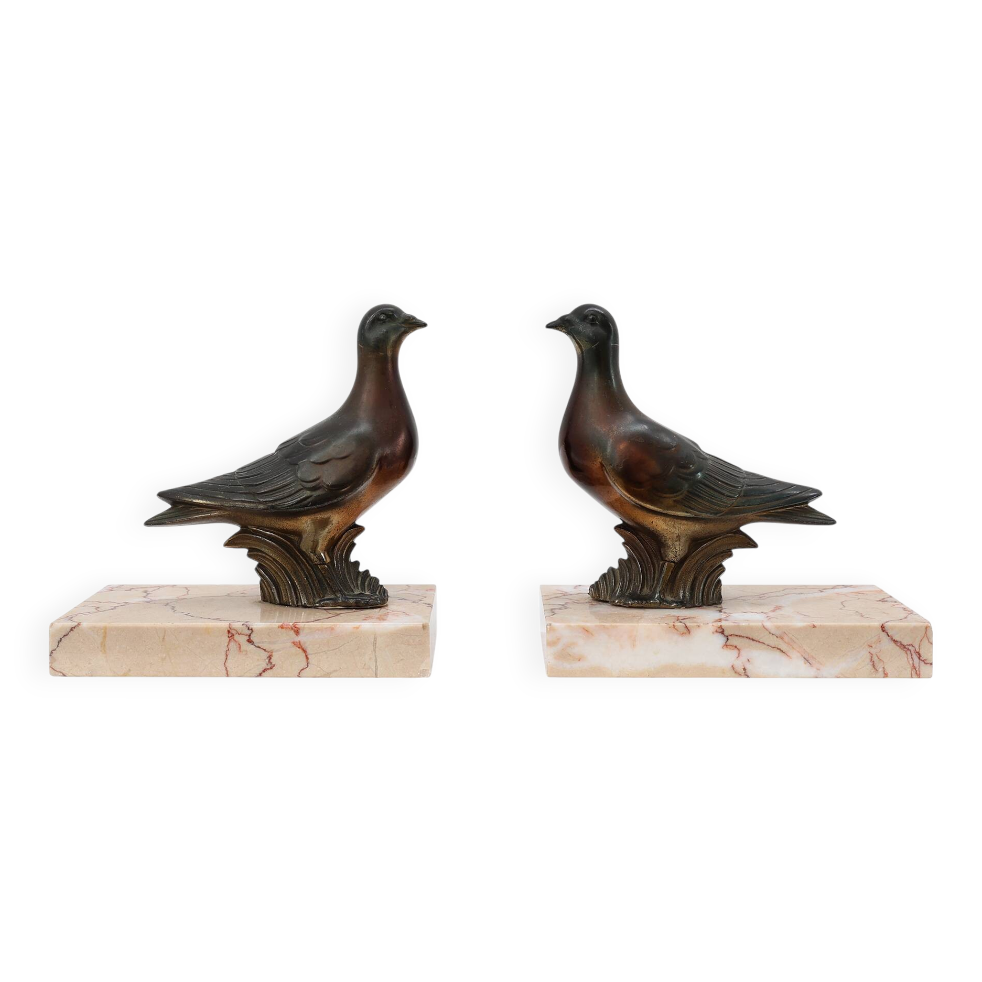 Pair of Art Deco marble and bronze “Dove” bookends, France 1930s
