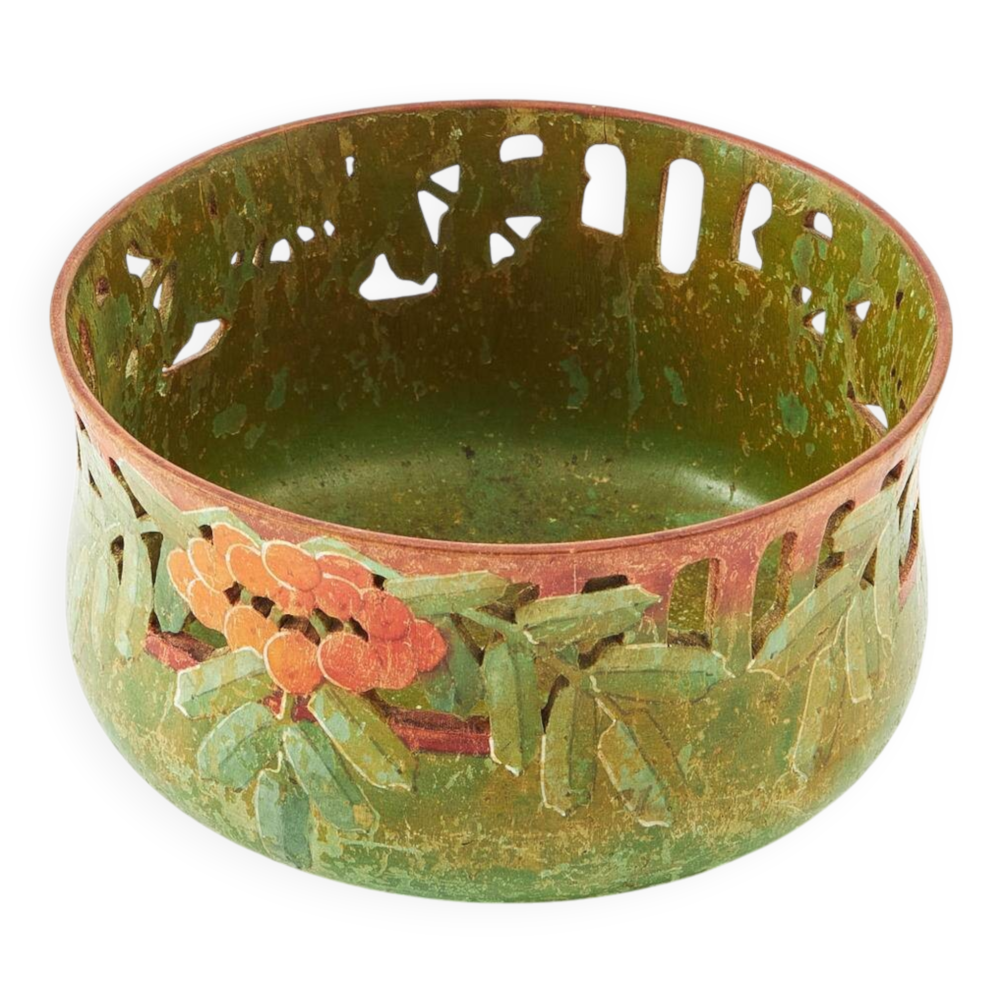 Art Nouveau Wooden Nut Bowl with Openwork and Painted Lingonberry and Foliage Decoration