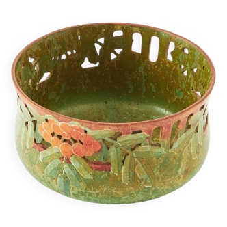 Art Nouveau Wooden Nut Bowl with Openwork and Painted Lingonberry and Foliage Decoration