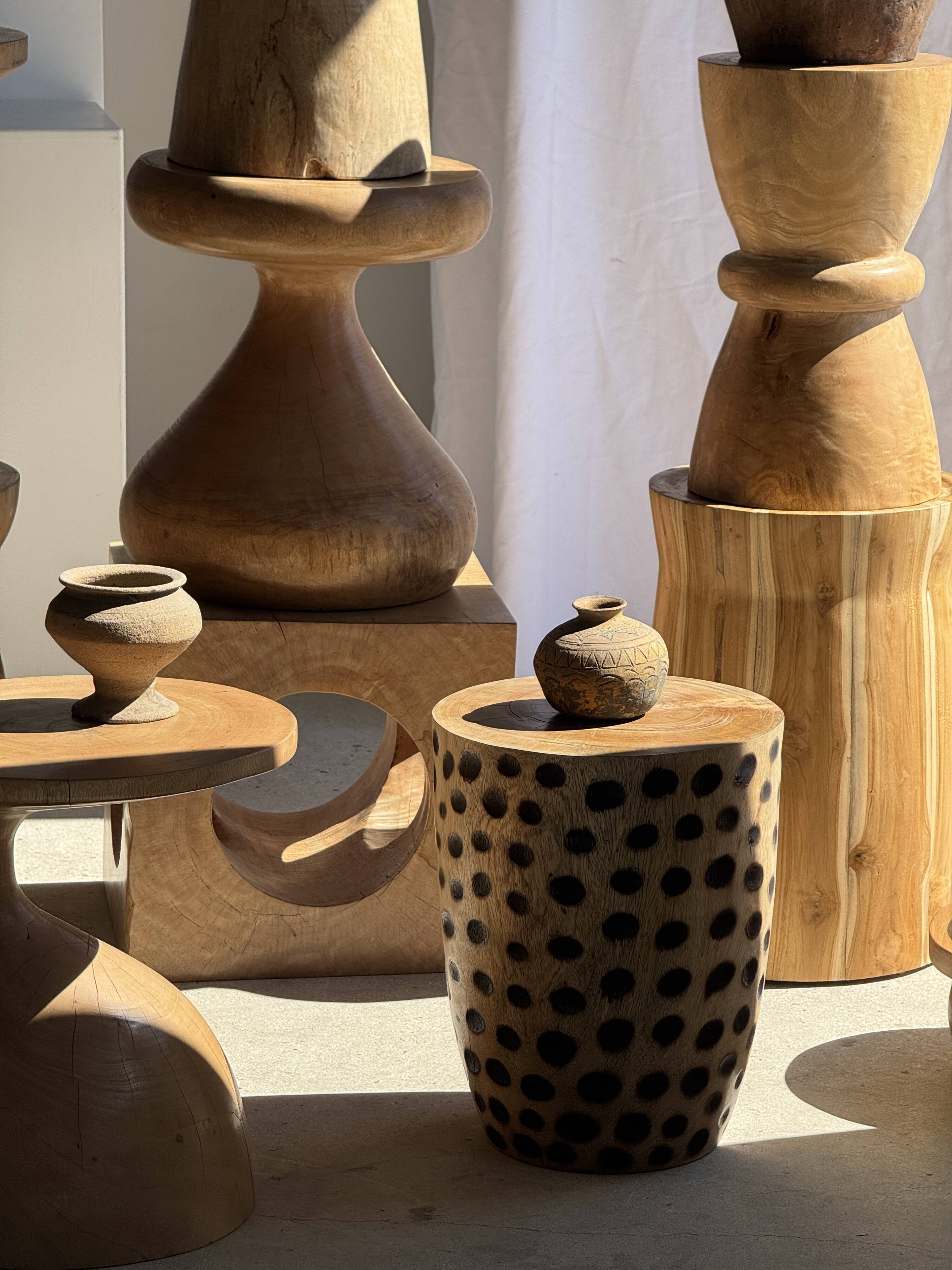 Stool, side table, cylindrical solid mango wood end table.