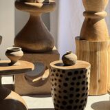 Stool, side table, cylindrical solid mango wood end table.