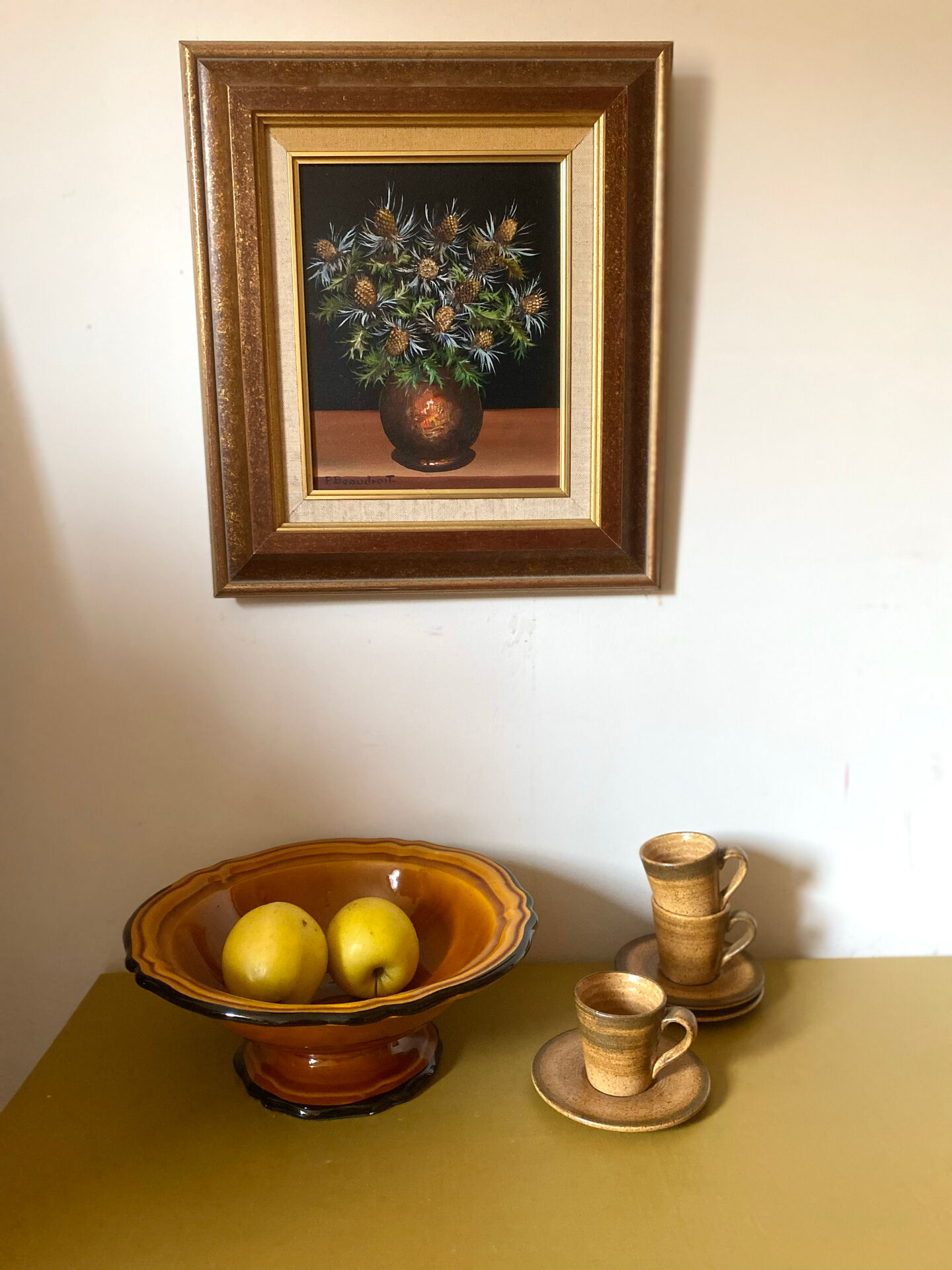 Still life with thistles, oil on canvas signed P. Beaudroit, 1992